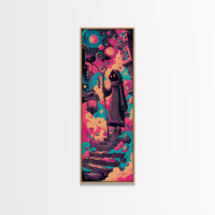 The Lantern-Bearer Of R’Lyeh, Retro Neon Halloween Art, Tall Narrow Wall Art, Canvas Print, Retro Halloween Decor, Neon Wall Art