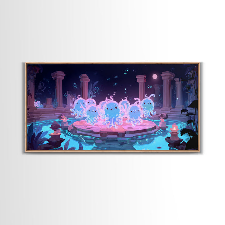 The Choir Of Deepwater Acolytes, Cute Spooky Neon Art, Wide Panoramic Art, Canvas Print, Retro Halloween Decor, Neon Wall Art