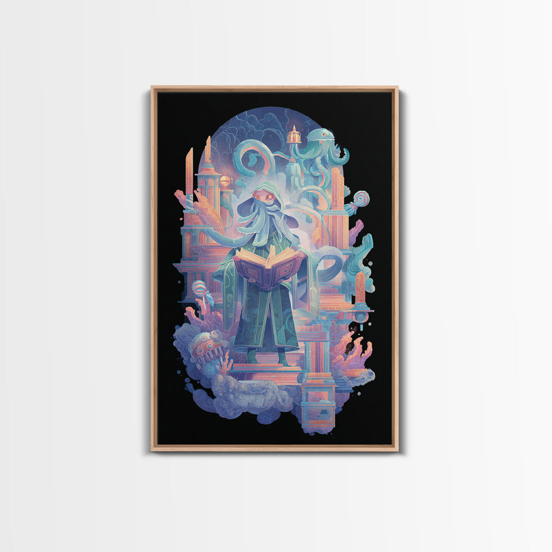 The Librarian Of Forbidden Tides, Retro Neon Halloween Art, Vertical Wall Art, Framed Canvas Print, Retro Halloween Decor, Neon Wall Art