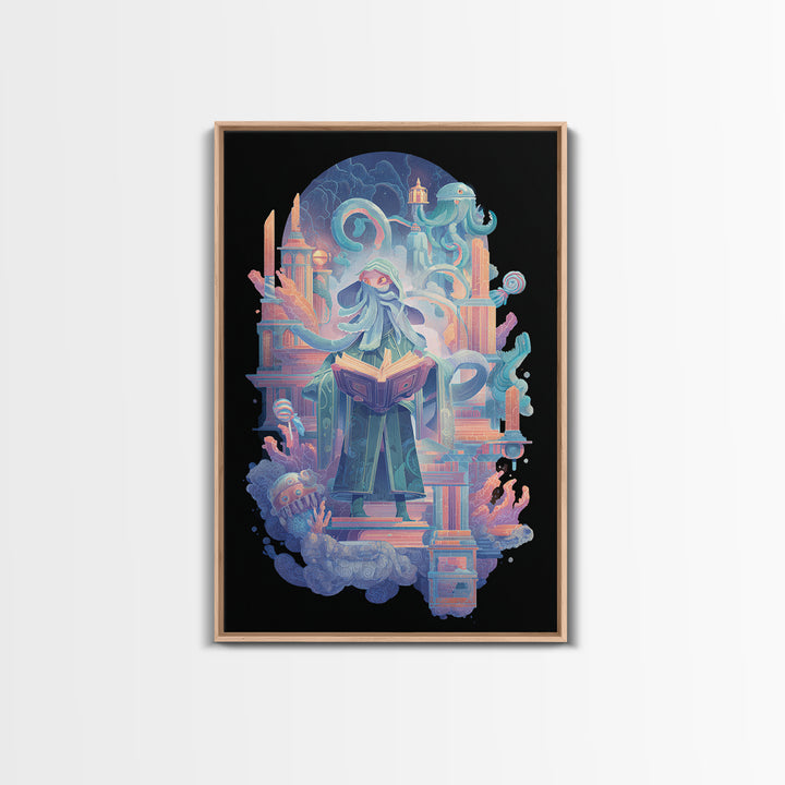 The Librarian Of Forbidden Tides, Retro Neon Halloween Art, Vertical Wall Art, Framed Canvas Print, Retro Halloween Decor, Neon Wall Art