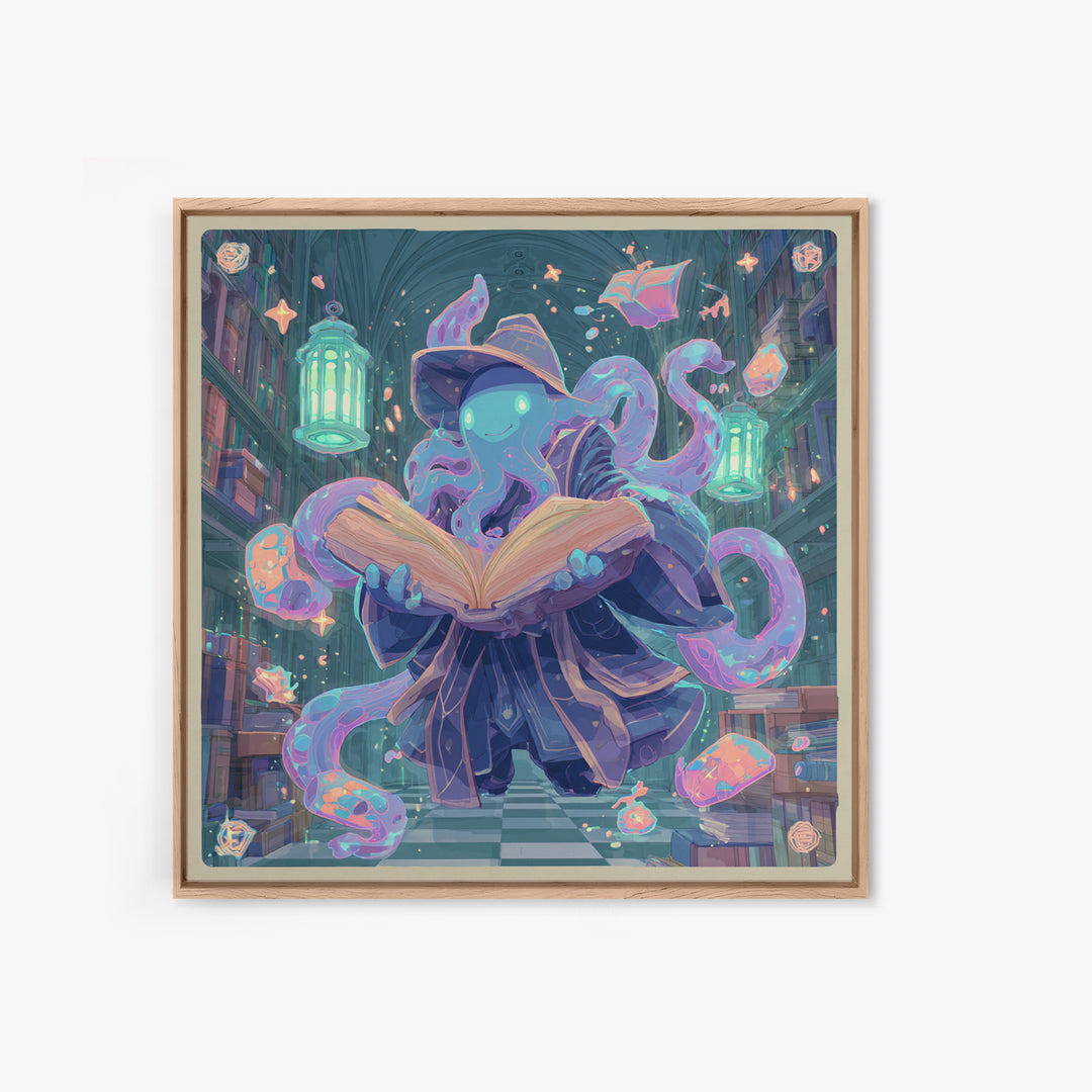 The Librarian Of Forbidden Tides, Cute Spooky Neon Art, Square Wall Art, Canvas Print, Retro Halloween Decor, Neon Wall Art