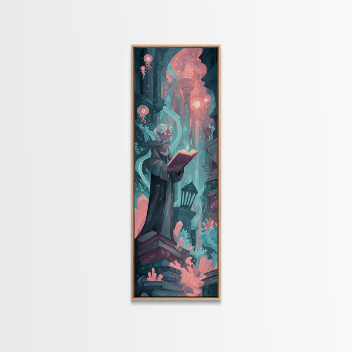 The Librarian Of Forbidden Tides, Cosmic Synthwave Horror, Tall Narrow Wall Art, Canvas Print, Retro Halloween Decor, Neon Wall Art