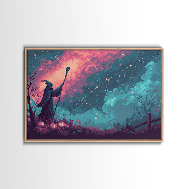 The Star-Seer Of Black Dunwich, Cute Spooky Neon Art, Landscape Wall Art, Framed Canvas Print, Retro Halloween Decor, Neon Wall Art