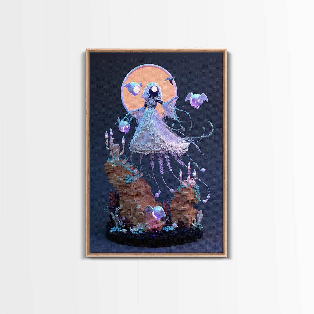 The Bride Of The Abyssal Moon, Cute Eldritch Neon Art, Vertical Wall Art, Framed Canvas Print, Retro Halloween Decor, Neon Wall Art