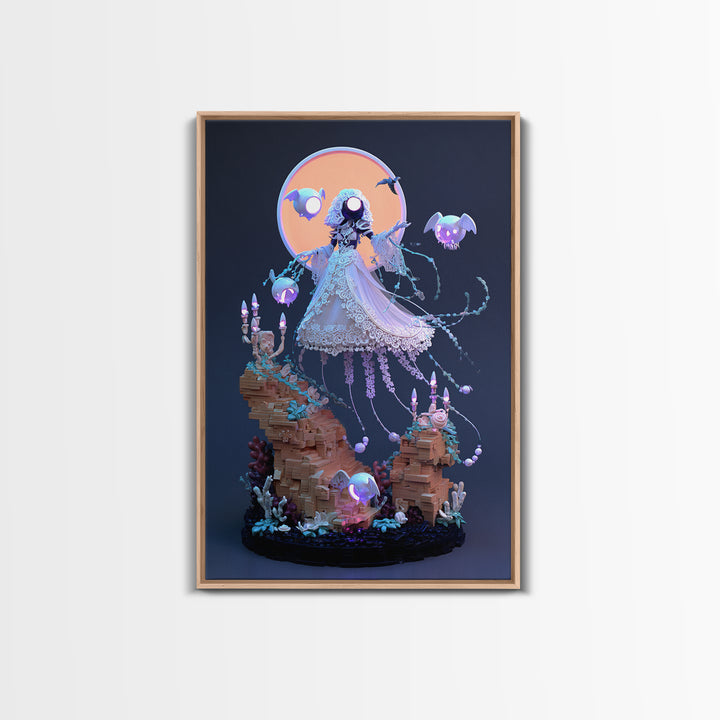 The Bride Of The Abyssal Moon, Cute Eldritch Neon Art, Vertical Wall Art, Framed Canvas Print, Retro Halloween Decor, Neon Wall Art