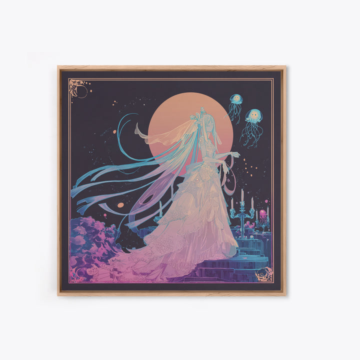 The Bride Of The Abyssal Moon, Cute Eldritch Neon Art, Square Wall Art, Framed Canvas Print, Retro Halloween Decor, Neon Wall Art