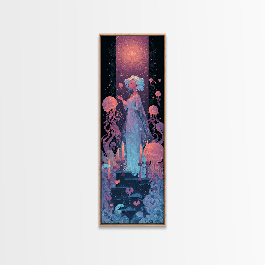 The Bride Of The Abyssal Moon, Cosmic Synthwave Horror, Tall Narrow Wall Art, Canvas Print, Retro Halloween Decor, Neon Wall Art
