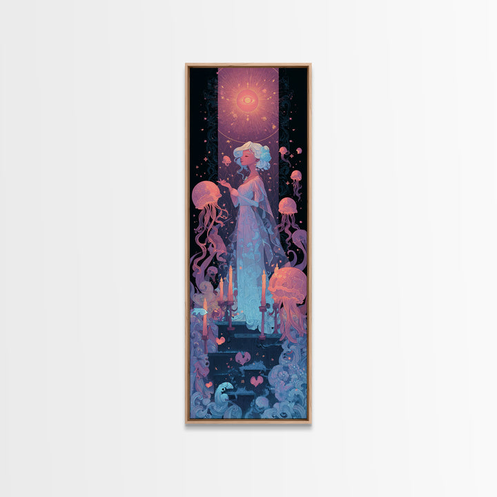 The Bride Of The Abyssal Moon, Cosmic Synthwave Horror, Tall Narrow Wall Art, Canvas Print, Retro Halloween Decor, Neon Wall Art