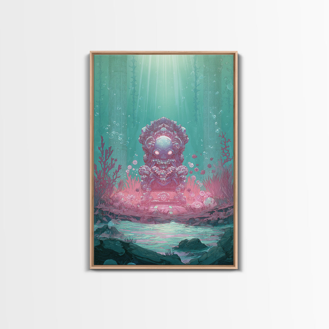 The Watcher In The Coral Throne, Retro Neon Halloween Art, Vertical Wall Art, Canvas Print, Retro Halloween Decor, Neon Wall Art