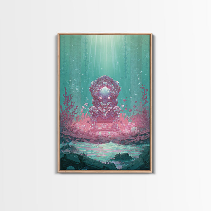 The Watcher In The Coral Throne, Retro Neon Halloween Art, Vertical Wall Art, Canvas Print, Retro Halloween Decor, Neon Wall Art