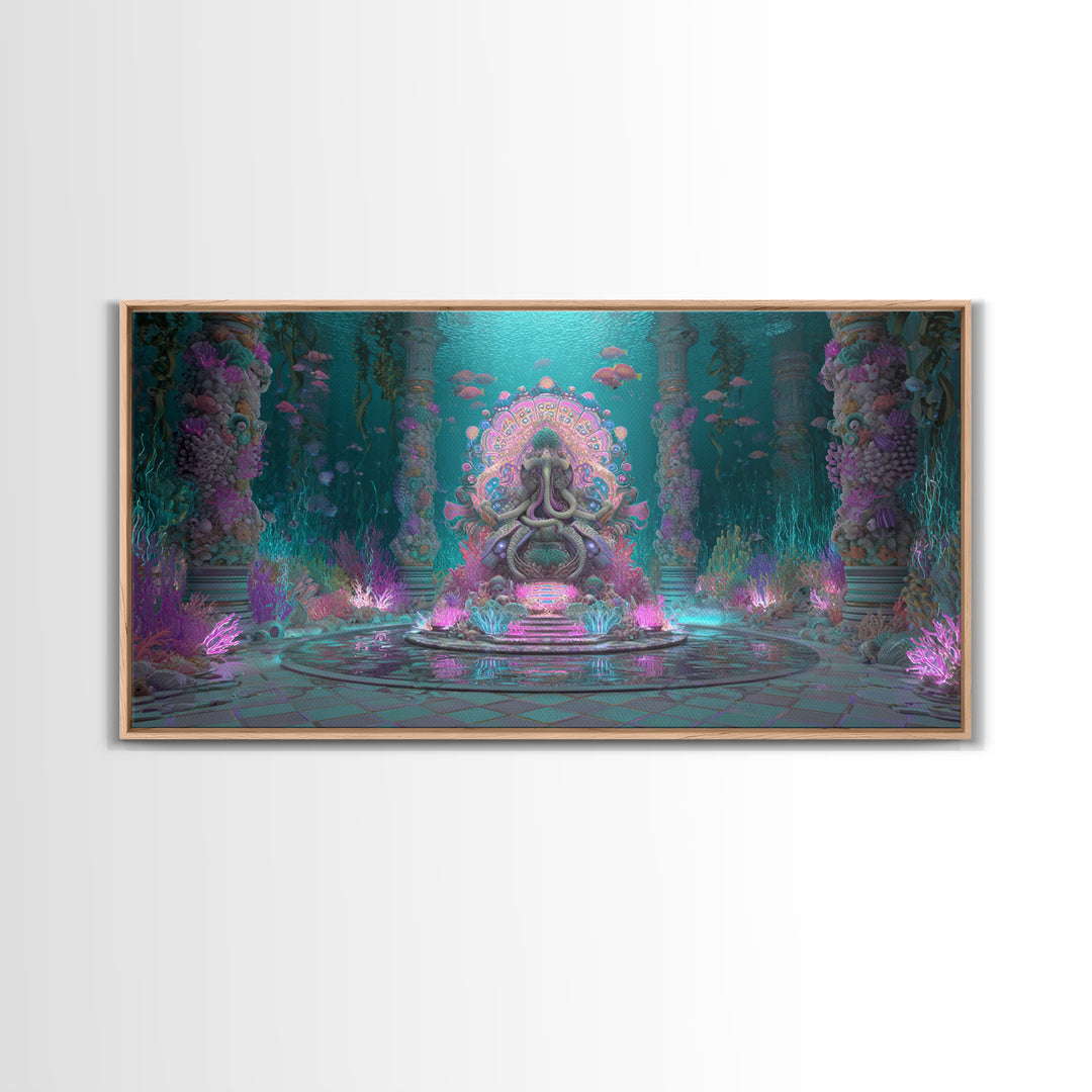 The Watcher In The Coral Throne, Vaporwave Halloween Decor, Wide Panoramic Art, Framed Canvas Print, Retro Halloween Decor, Neon Wall Art