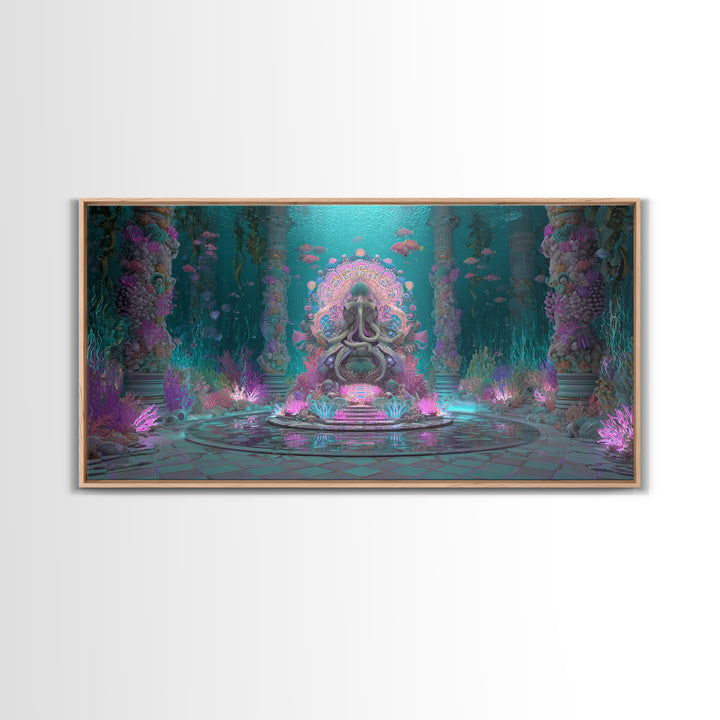 The Watcher In The Coral Throne, Vaporwave Halloween Decor, Wide Panoramic Art, Framed Canvas Print, Retro Halloween Decor, Neon Wall Art