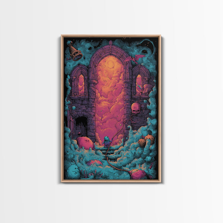 The Bellringer Of The Sunken Cathedral, Cute Eldritch Neon Art, Vertical Wall Art, Canvas Print, Retro Halloween Decor, Neon Wall Art