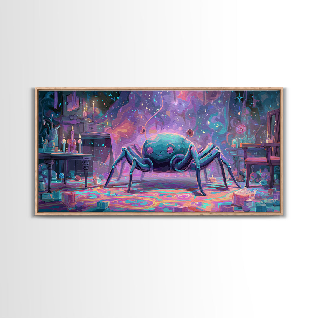 The Crawler Beneath The Floor Of Stars, Retro Neon Halloween Art, Wide Panoramic Art, Framed Canvas Print, Retro Halloween Decor