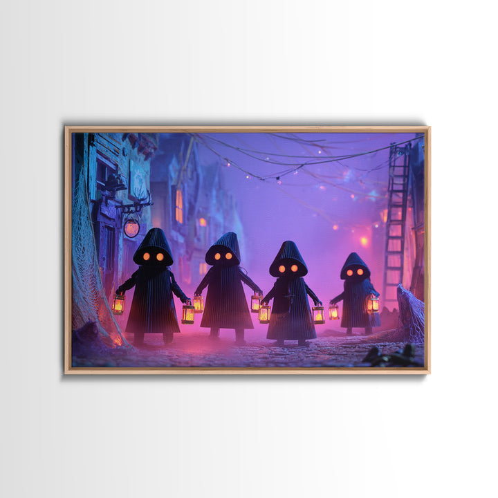 The Innsmouth Lantern Procession, Synthwave Halloween Art, Landscape Wall Art, Framed Canvas Print, Retro Halloween Decor, Neon Wall Art