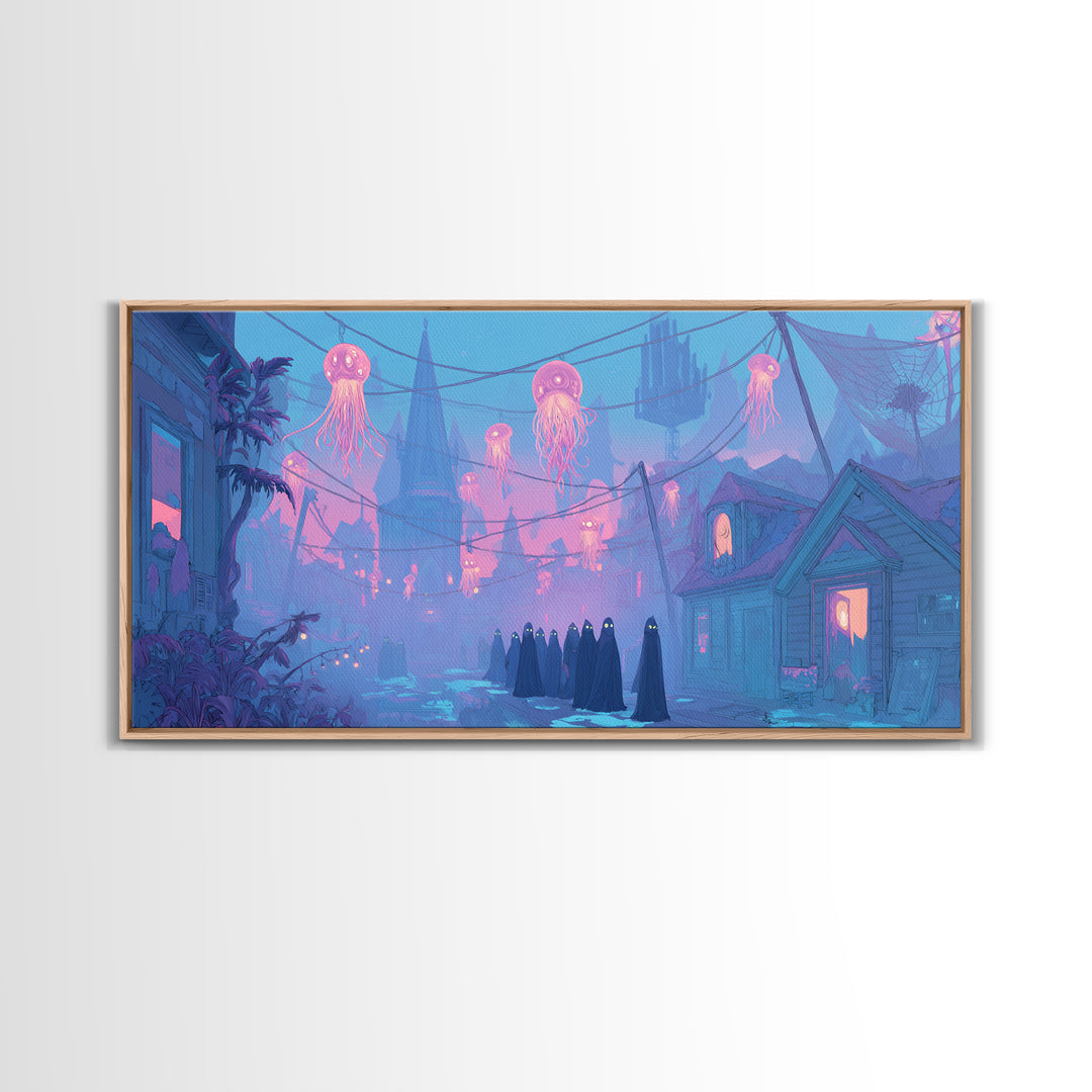 The Innsmouth Lantern Procession, Cute Eldritch Neon Art, Wide Panoramic Art, Framed Canvas Print, Retro Halloween Decor, Neon Wall Art