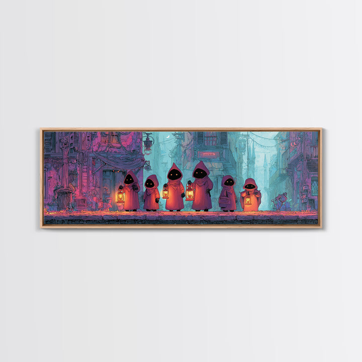 The Innsmouth Lantern Procession, Retro Neon Halloween Art, Extra Wide Wall Art, Framed Canvas Print, Retro Halloween Decor, Neon Wall Art