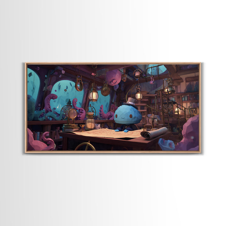 The Mapmaker Of Impossible Shores, Cosmic Synthwave Horror, Wide Panoramic Art, Framed Canvas Print, Retro Halloween Decor, Neon Wall Art