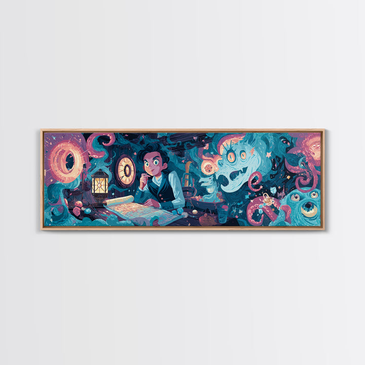 The Mapmaker Of Impossible Shores, Cosmic Synthwave Horror, Extra Wide Wall Art, Canvas Print, Retro Halloween Decor, Neon Wall Art