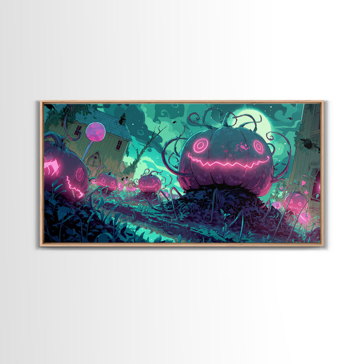 The Harvest Of The Eldritch Field, 80s Halloween Wall Art, Wide Panoramic Art, Canvas Print, Retro Halloween Decor, Neon Wall Art