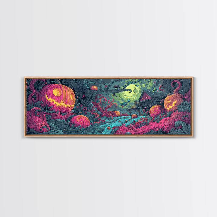 The Harvest Of The Eldritch Field, Cosmic Synthwave Horror, Extra Wide Wall Art, Canvas Print, Retro Halloween Decor, Neon Wall Art
