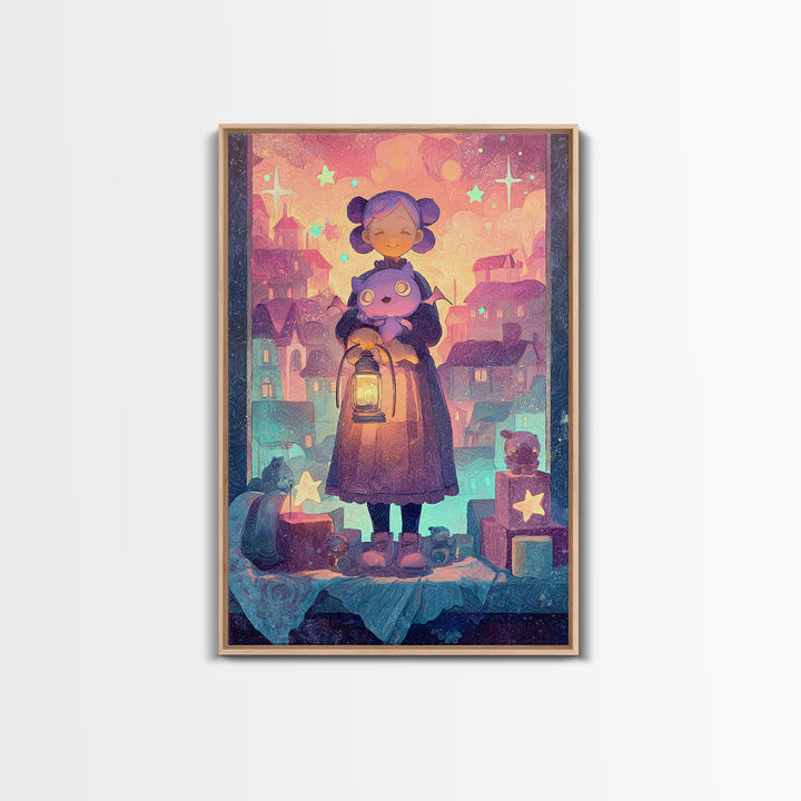 The Child Who Caught A Moon-Spawn, Vaporwave Halloween Decor, Vertical Wall Art, Framed Canvas Print, Retro Halloween Decor, Neon Wall Art