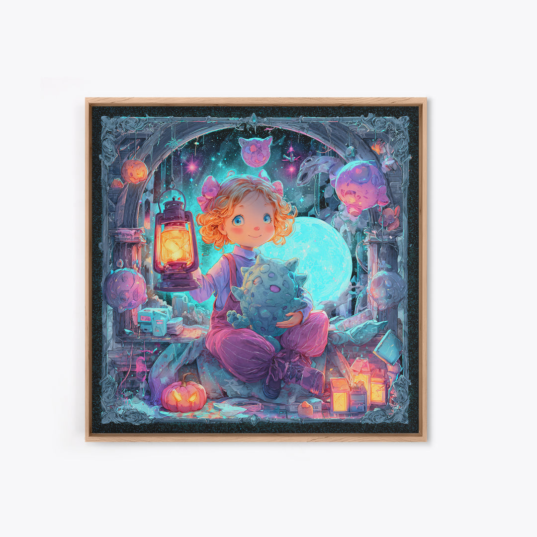 The Child Who Caught A Moon-Spawn, Vaporwave Halloween Decor, Square Wall Art, Canvas Print, Retro Halloween Decor, Neon Wall Art