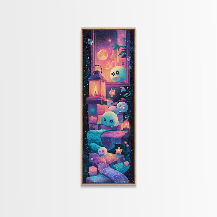 The Child Who Caught A Moon-Spawn, Synthwave Halloween Art, Tall Narrow Wall Art, Canvas Print, Retro Halloween Decor, Neon Wall Art