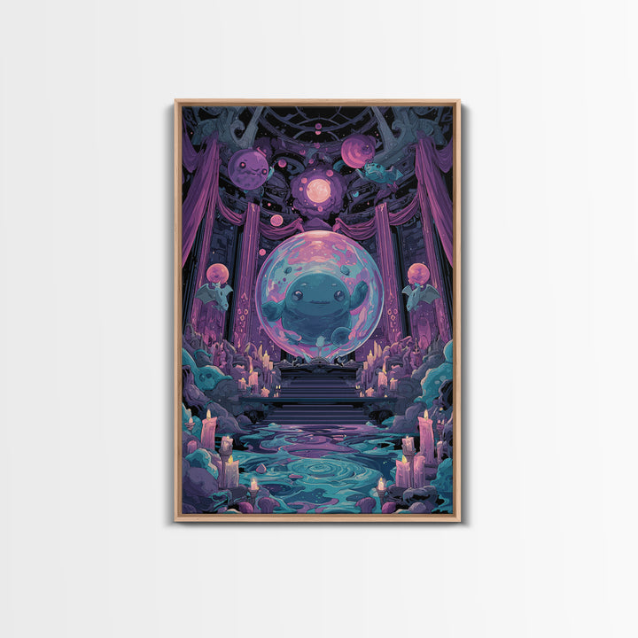The Oracle Of The Glass Depths, Cute Eldritch Neon Art, Vertical Wall Art, Canvas Print, Retro Halloween Decor, Neon Wall Art
