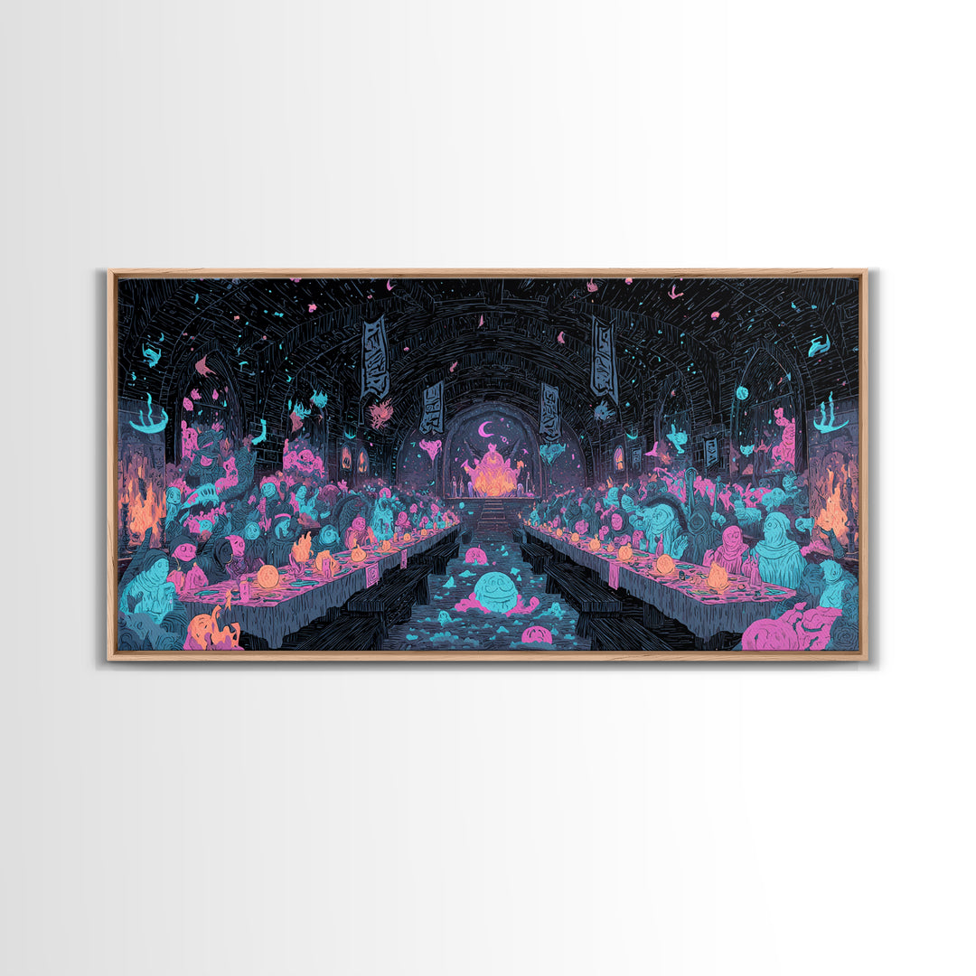 The Feast Of The Pale Cult, Synthwave Halloween Art, Wide Panoramic Art, Canvas Print, Retro Halloween Decor, Neon Wall Art