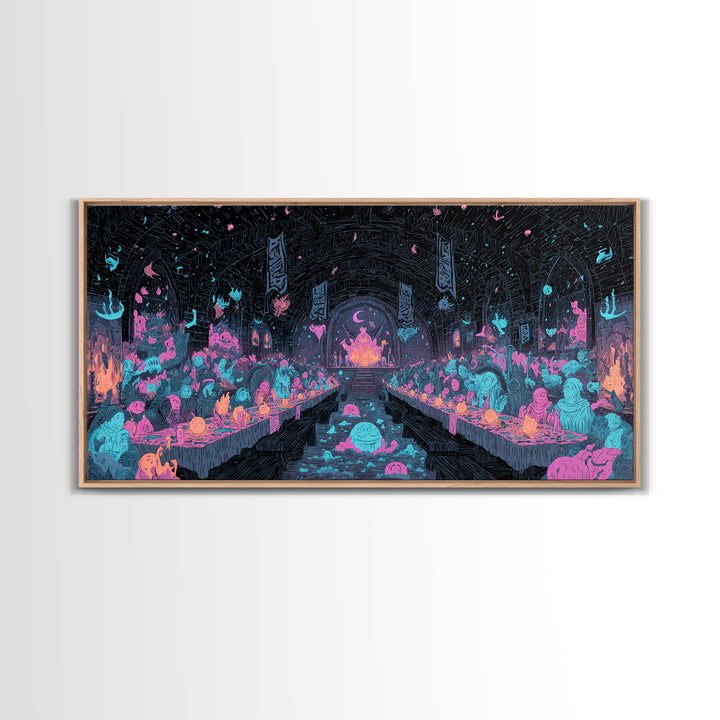 The Feast Of The Pale Cult, Synthwave Halloween Art, Wide Panoramic Art, Canvas Print, Retro Halloween Decor, Neon Wall Art