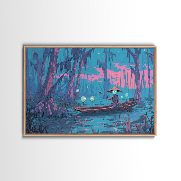 The Ferryman Of The Outer Marsh, Synthwave Halloween Art, Landscape Wall Art, Framed Canvas Print, Retro Halloween Decor, Neon Wall Art