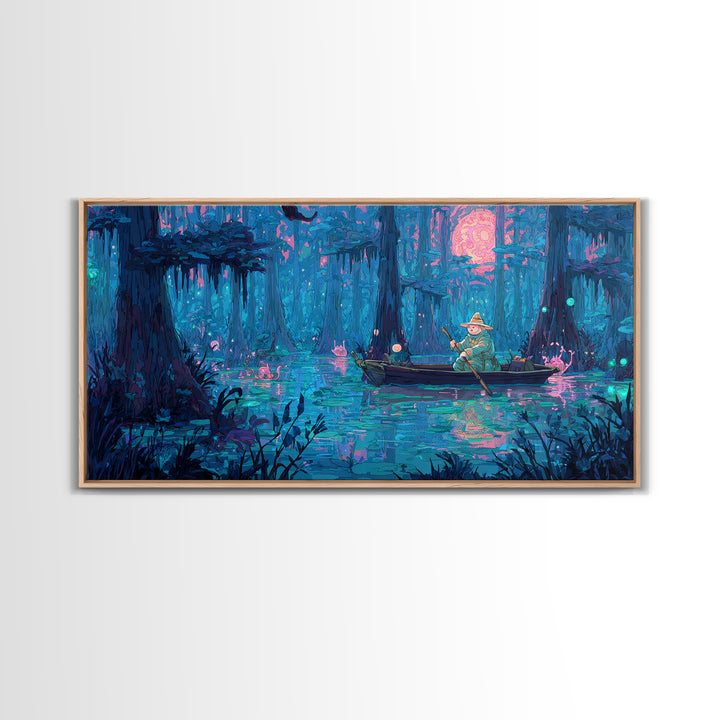 The Ferryman Of The Outer Marsh, 80s Halloween Wall Art, Wide Panoramic Art, Canvas Print, Retro Halloween Decor, Neon Wall Art