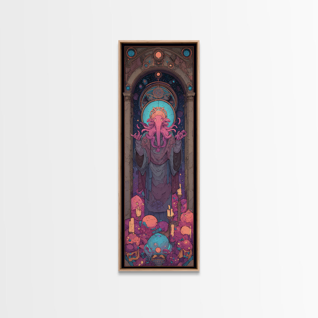 The Crown Of The Tentacled Saint, Cute Eldritch Neon Art, Tall Narrow Wall Art, Framed Canvas Print, Retro Halloween Decor, Neon Wall Art