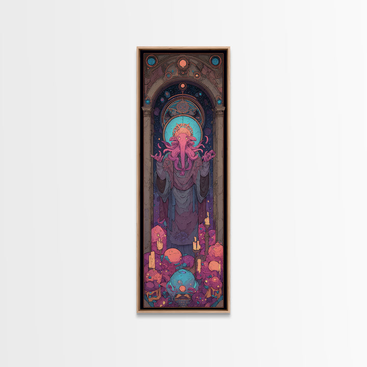 The Crown Of The Tentacled Saint, Cute Eldritch Neon Art, Tall Narrow Wall Art, Framed Canvas Print, Retro Halloween Decor, Neon Wall Art