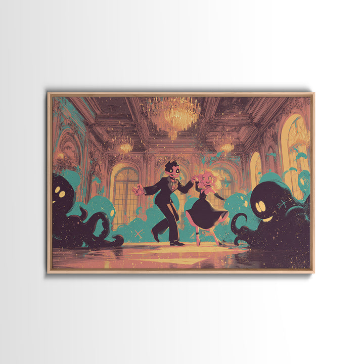 The Ballroom Of Silent Shoggoths, Synthwave Halloween Art, Landscape Wall Art, Canvas Print, Retro Halloween Decor, Neon Wall Art