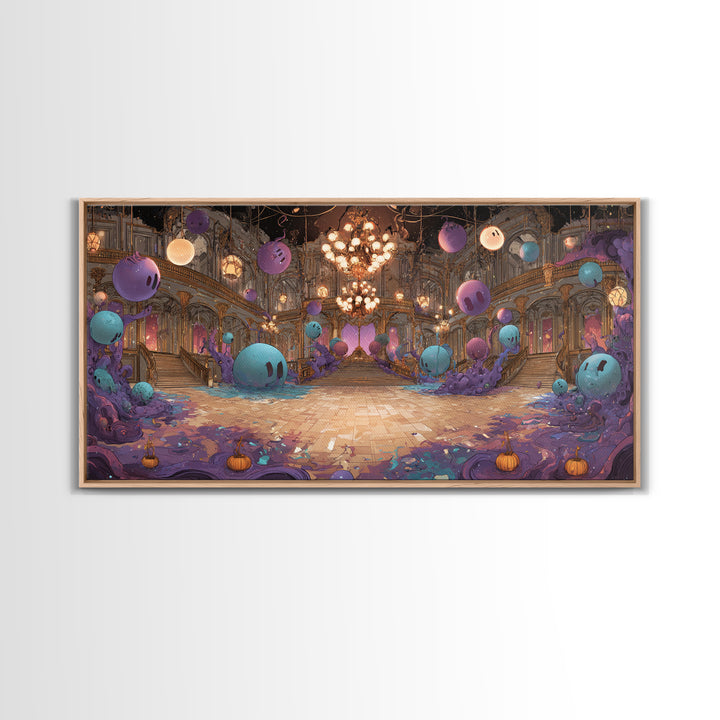 The Ballroom Of Silent Shoggoths, Cute Eldritch Neon Art, Wide Panoramic Art, Framed Canvas Print, Retro Halloween Decor, Neon Wall Art
