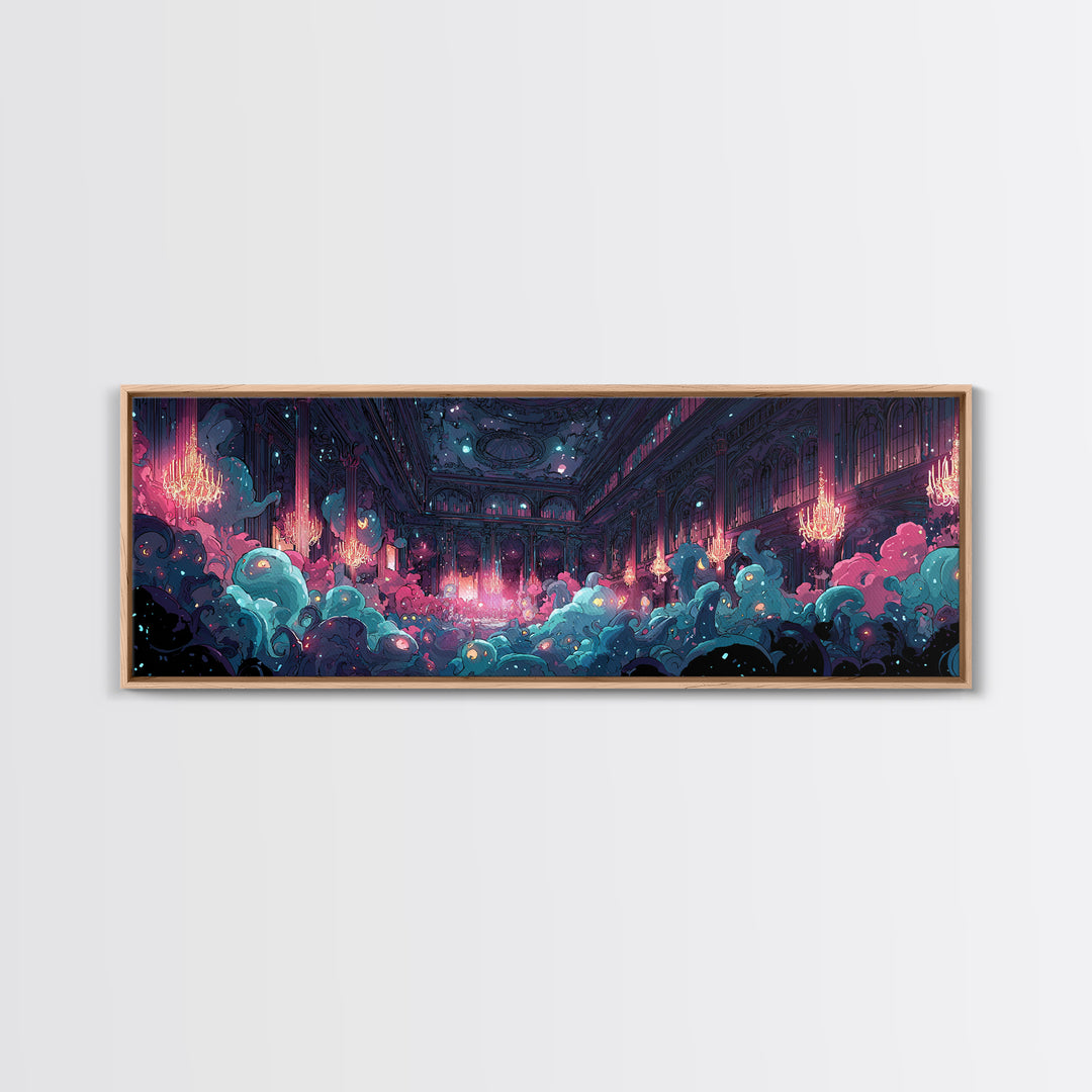 The Ballroom Of Silent Shoggoths, Cute Spooky Neon Art, Extra Wide Wall Art, Canvas Print, Retro Halloween Decor, Neon Wall Art