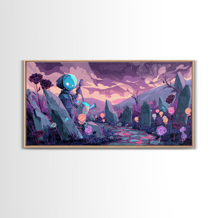 The Grave Gardener Of Yuggoth, Retro Neon Halloween Art, Wide Panoramic Art, Framed Canvas Print, Retro Halloween Decor, Neon Wall Art