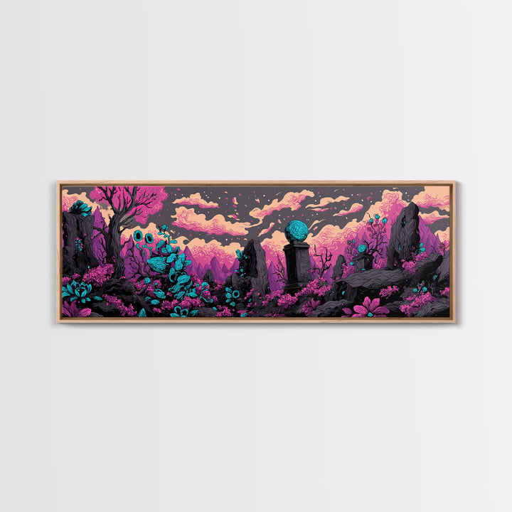 The Grave Gardener Of Yuggoth, Cosmic Synthwave Horror, Extra Wide Wall Art, Framed Canvas Print, Retro Halloween Decor, Neon Wall Art