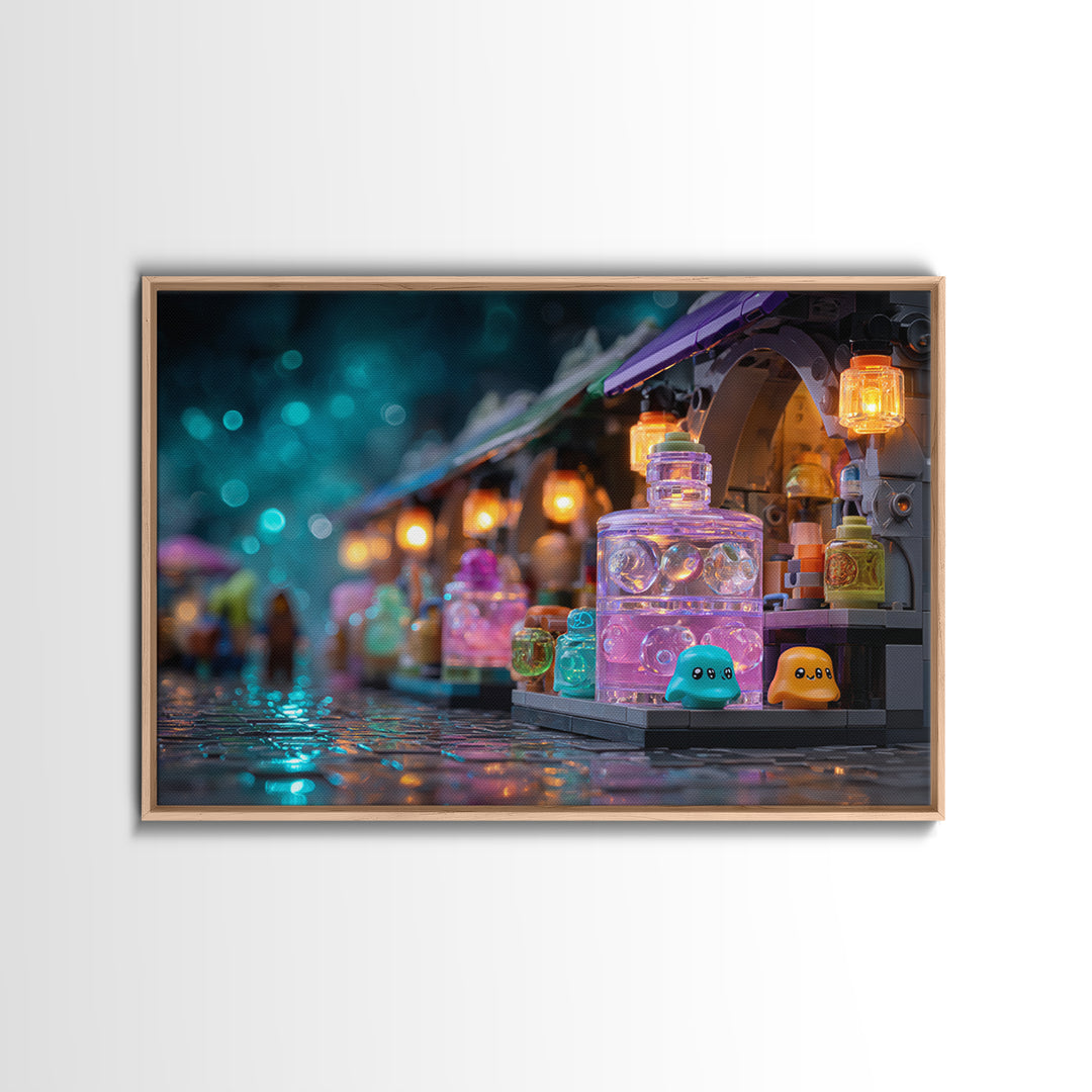 The Lantern Market Beyond The Veil, Cute Eldritch Neon Art, Landscape Wall Art, Canvas Print, Retro Halloween Decor, Neon Wall Art
