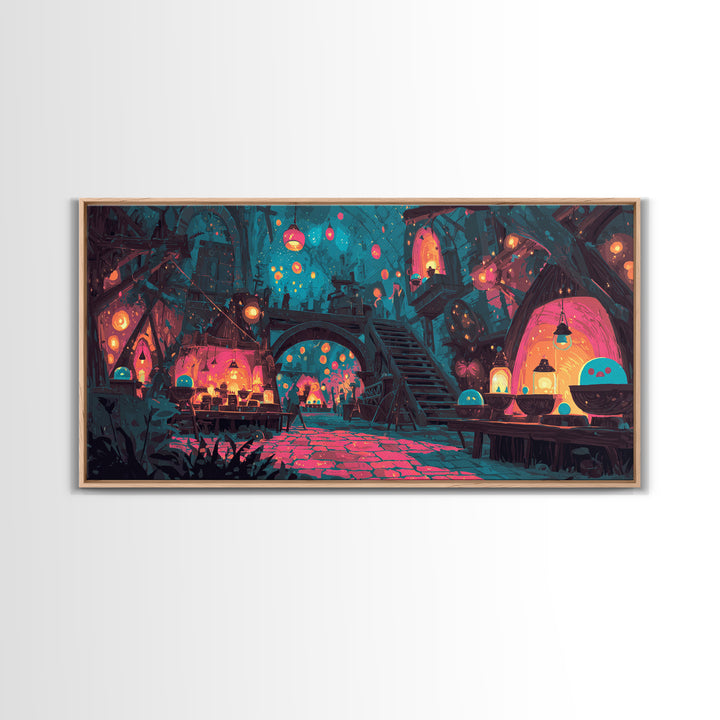 The Lantern Market Beyond The Veil, Cute Spooky Neon Art, Wide Panoramic Art, Canvas Print, Retro Halloween Decor, Neon Wall Art