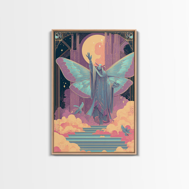 The Moth Prophet Of Kadath, Vaporwave Halloween Decor, Vertical Wall Art, Canvas Print, Retro Halloween Decor, Neon Wall Art