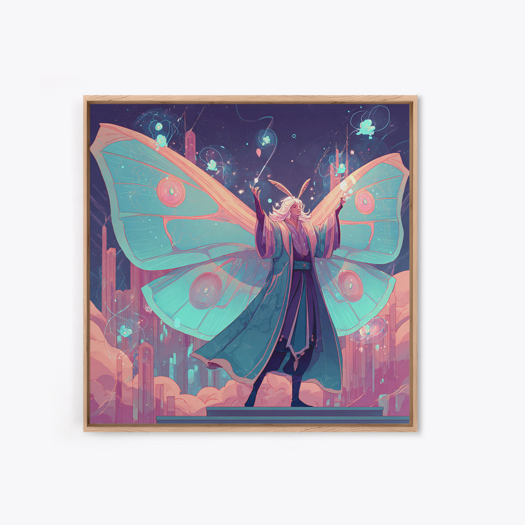 The Moth Prophet Of Kadath, Cute Spooky Neon Art, Square Wall Art, Framed Canvas Print, Retro Halloween Decor, Neon Wall Art