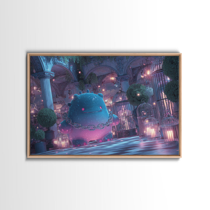 The Moonlit Shoggoth Menagerie, Vaporwave Halloween Decor, Landscape Wall Art, Framed Canvas Print, Retro Halloween Decor, Neon Wall Art