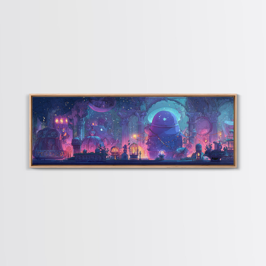 The Moonlit Shoggoth Menagerie, 80s Halloween Wall Art, Extra Wide Wall Art, Canvas Print, Retro Halloween Decor, Neon Wall Art