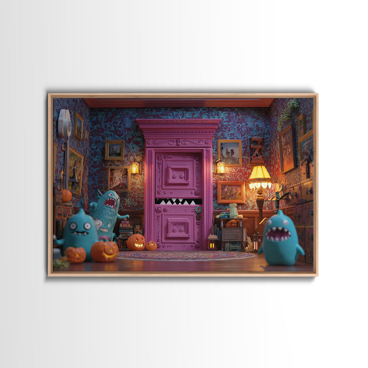 The Thirteenth Door Of Arkham House, Retro Neon Halloween Art, Landscape Wall Art, Canvas Print, Retro Halloween Decor, Neon Wall Art
