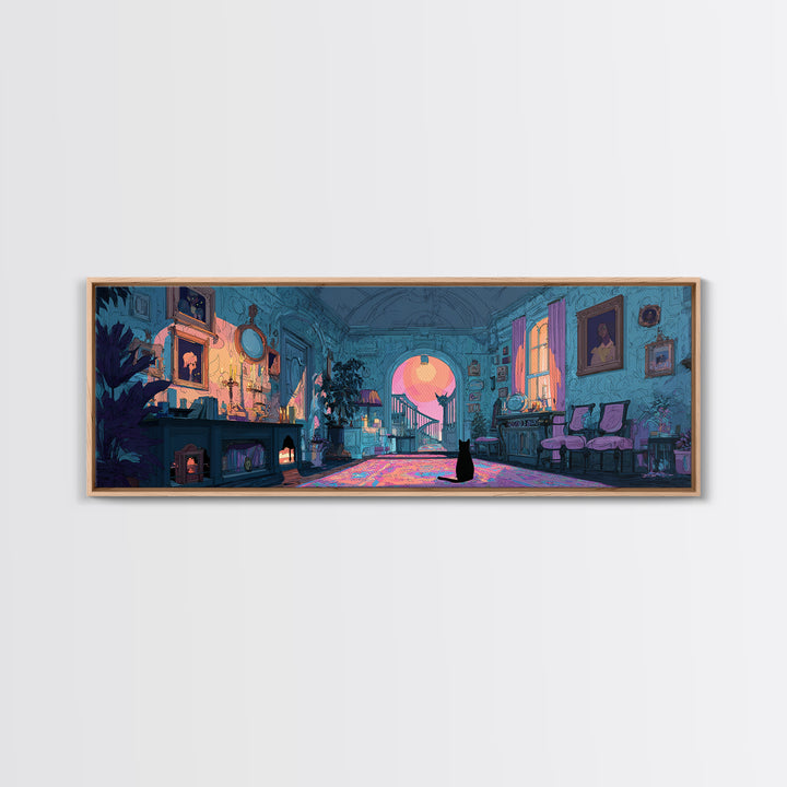 The Thirteenth Door Of Arkham House, Cute Eldritch Neon Art, Extra Wide Wall Art, Framed Canvas Print, Retro Halloween Decor, Neon Wall Art