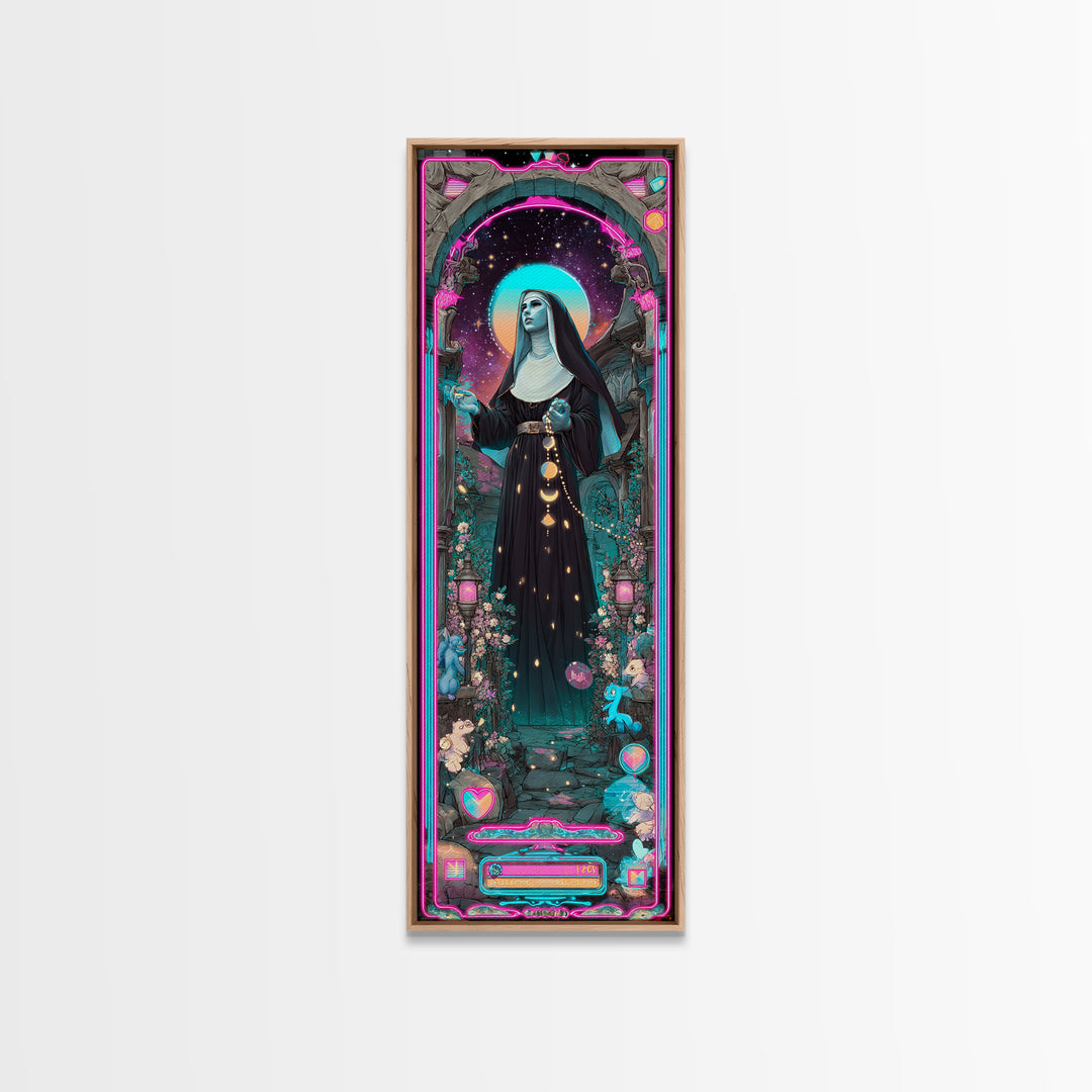 The Nun Of The Endless Constellation, Synthwave Halloween Art, Tall Narrow Wall Art, Canvas Print, Retro Halloween Decor, Neon Wall Art
