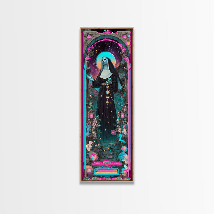 The Nun Of The Endless Constellation, Synthwave Halloween Art, Tall Narrow Wall Art, Canvas Print, Retro Halloween Decor, Neon Wall Art